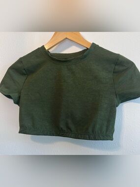 aerie Dark Green Short Sleeve Lace-Texture Crop Tee